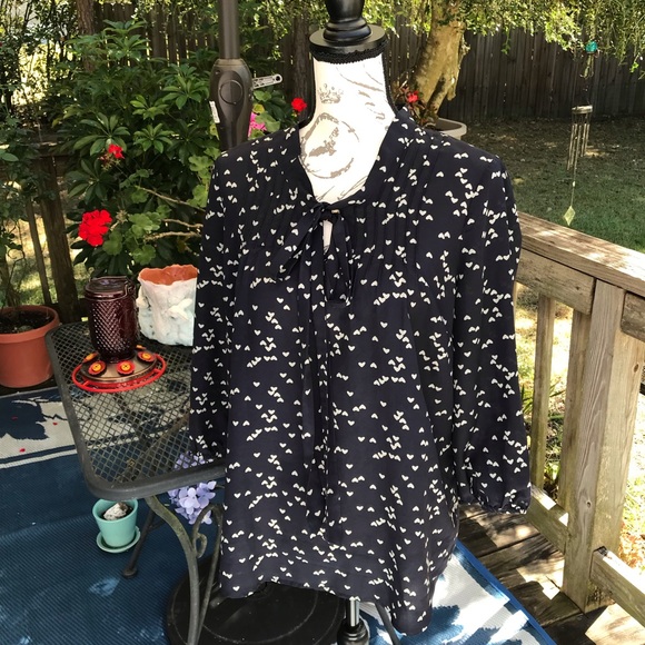 Daniel Rainn Black with Beige Heart Print Tie Neck Detail Blouse 3/4 Sleeve M - Picture 3 of 11